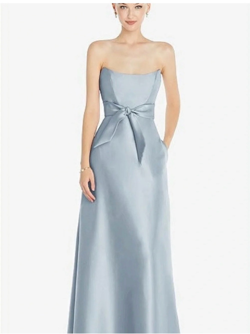 ALFRED SUNG Strapless Satin Gown in Light Blue with Waist Bow - Mist